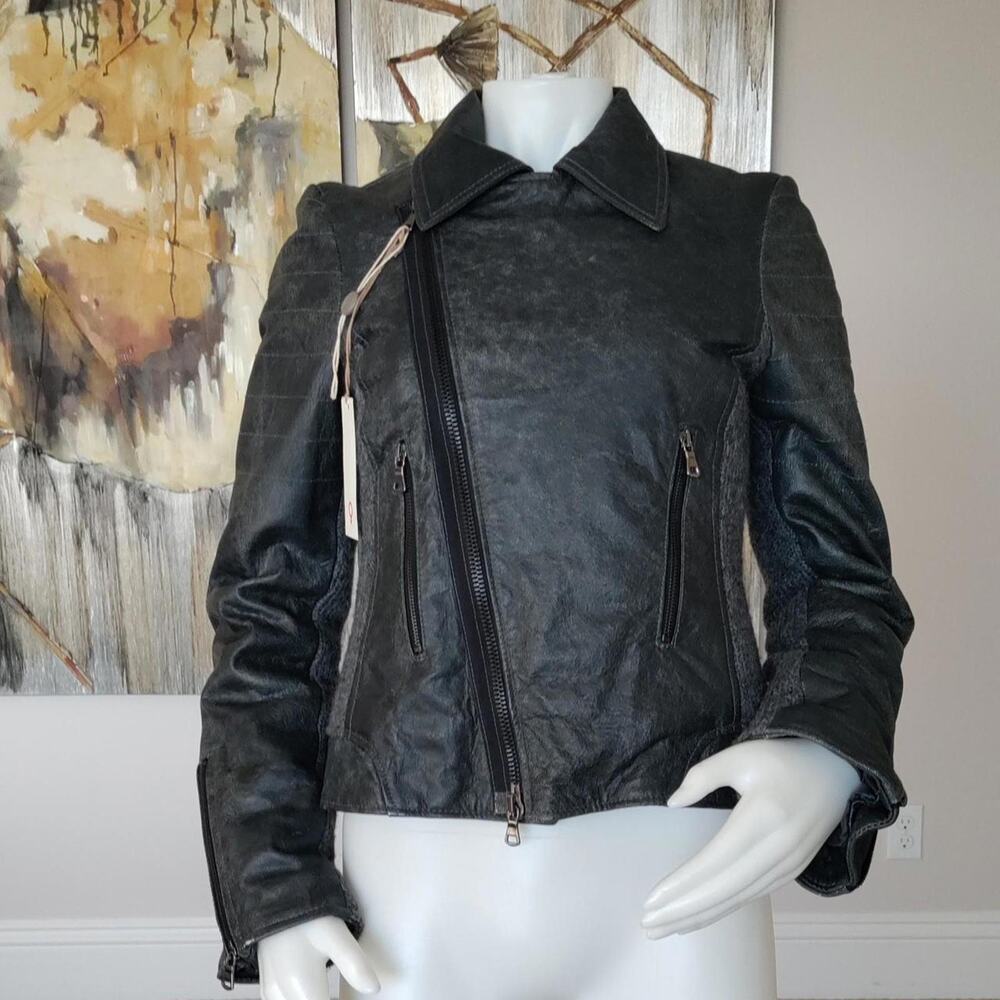 NWT‎ Italian fully lined distressed leather/ wool Grey Jacket. IT44/ US M